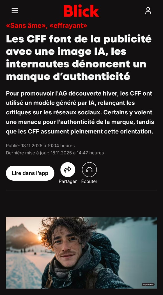 Capture Blick : les CFF font de la publicité avec une image IA, les internautes dénoncent un manque d'authenticité.