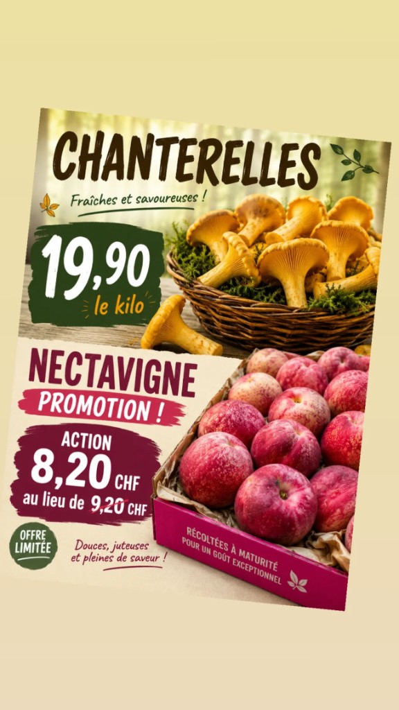 Flyer IA : chanterelles et nectavigne, trop de textes, deux produits, aucune hiérarchie.