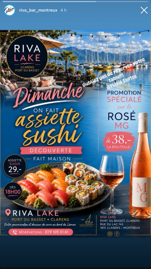 Story Instagram IA de Riva Lake à Clarens : sushi, rosé, terrasse, textes partout.